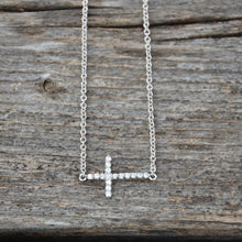 Load image into Gallery viewer, 16&quot; + 2&quot; Rhodium Plated CZ Sideways Cross Necklace