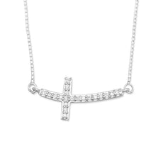 Load image into Gallery viewer, Rhodium Plated Sideways Cross Necklace with Diamonds