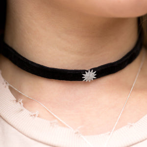 Rhodium Plated CZ Star Black Velvet Choker Necklace