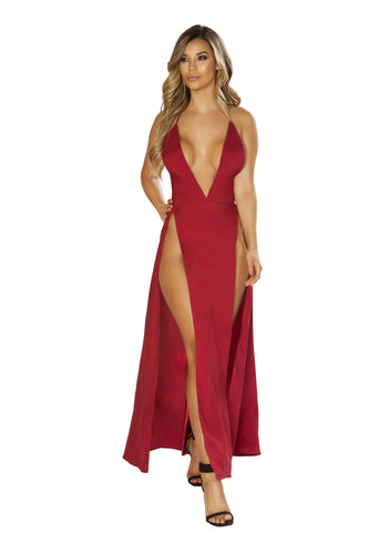 3649 Maxi Length Satin - Dress with High Slits & Deep V