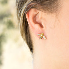 Cargar imagen en el visor de la galería, &quot;BEE Mine!&quot; 14 Karat Gold Plated Signity CZ Bee Earrings
