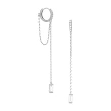 Load image into Gallery viewer, Rhodium Plated CZ Hoop Earrings with Chain Drop