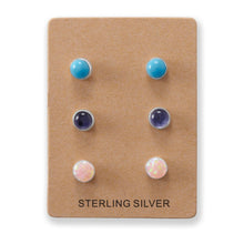 Load image into Gallery viewer, Set of 3 Synthetic Pink Opal, Reconstituted Turquoise, and Iolite Button Studs