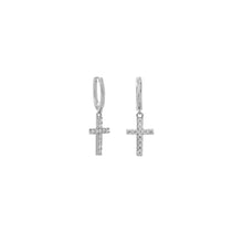 Load image into Gallery viewer, Rhodium Plated Hoop Earrings with CZ Cross