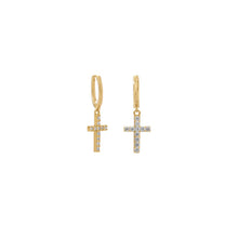 Load image into Gallery viewer, 14 Karat Gold Plated Hoop Earrings with CZ Cross