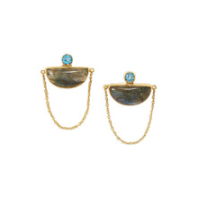 Cargar imagen en el visor de la galería, 14 Karat Gold Plated Labradorite and Blue Topaz Chain Post Earrings