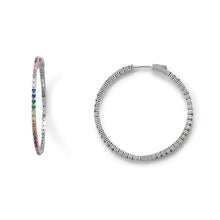 Load image into Gallery viewer, Rhodium Plated Multi Color CZ 40mm Click Hoop Earrings