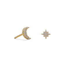 Cargar imagen en el visor de la galería, 14 Karat Gold Plated CZ Moon and Star Stud Earrings