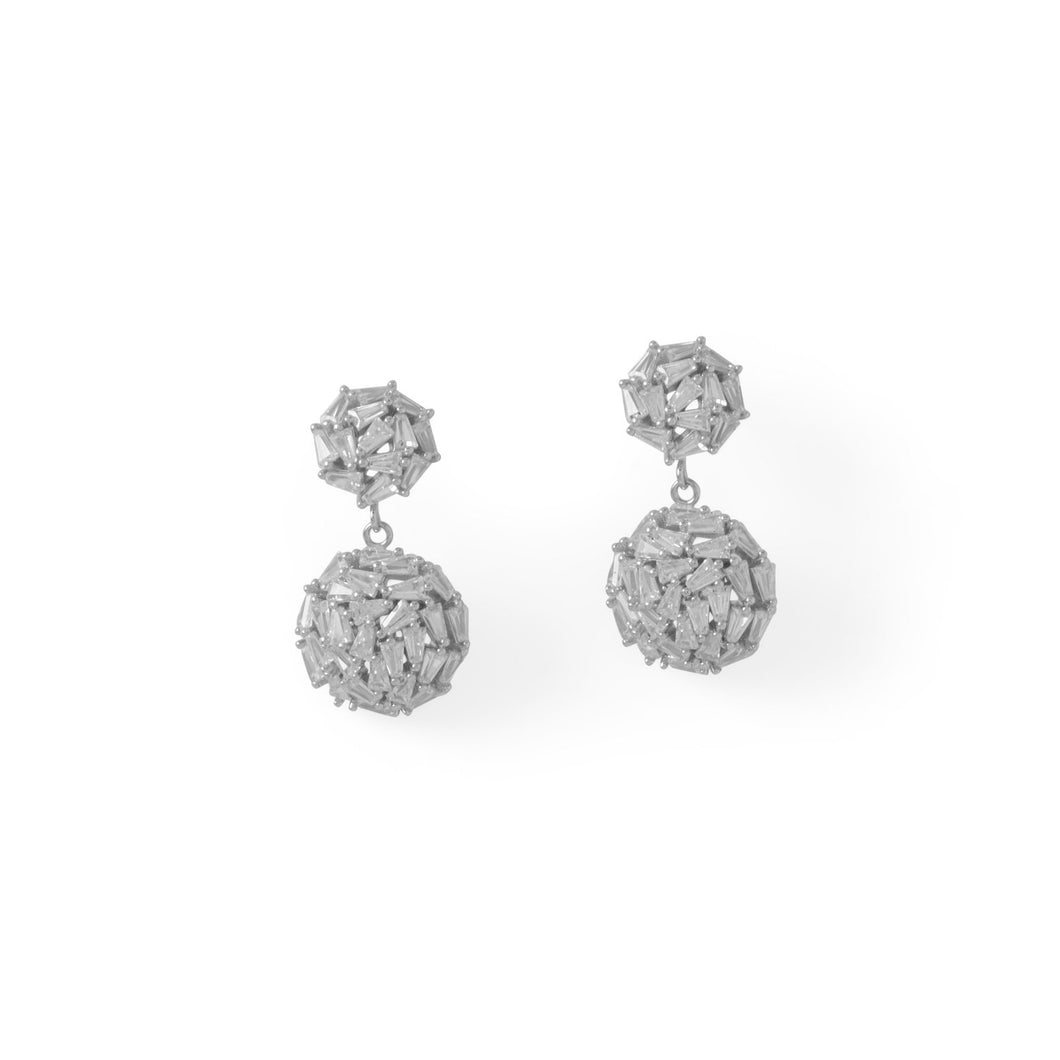 Rhodium Plated CZ 1/2 Dome Drop Earrings