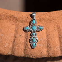 Load image into Gallery viewer, Ornate Oxidized Reconstituted Turquoise Cross Pendant