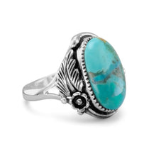 Cargar imagen en el visor de la galería, Oval Reconstituted Turquoise Floral Design Ring