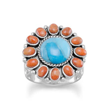 Load image into Gallery viewer, Reconstituted Turquoise and Coral Sunburst Ring