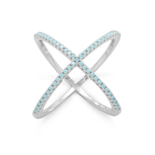 Load image into Gallery viewer, Rhodium Plated Criss Cross &#39;X&#39; Ring with Blue CZs
