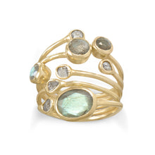 Load image into Gallery viewer, 14 Karat Gold Plated Polki Diamond and Labradorite Multi-row Stacked Ring