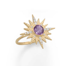 Load image into Gallery viewer, 14 Karat Gold Plated CZ Sunburst with Amethyst Ring
