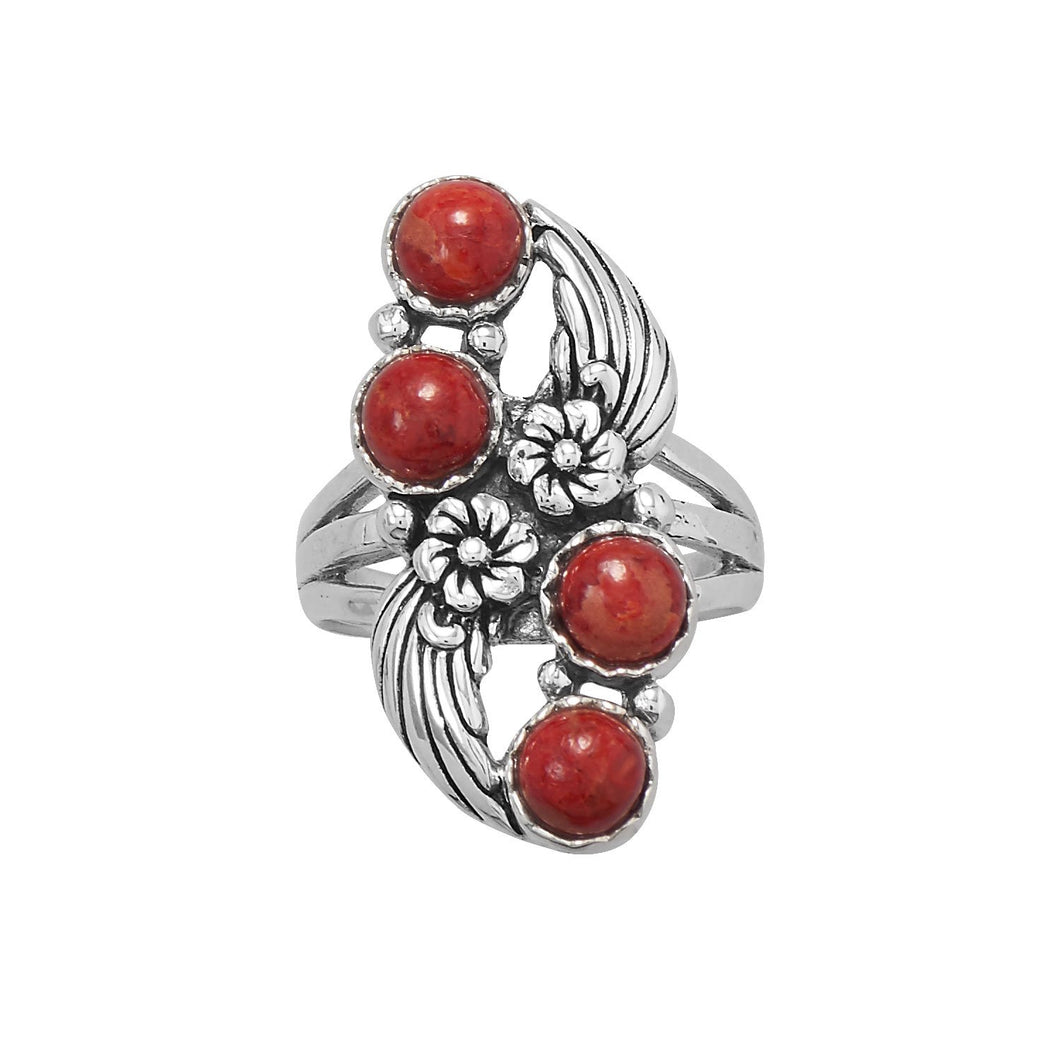 Floral Design Dyed Red Coral Ring