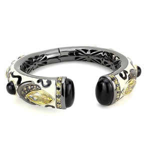 LO4299 - Gold+Hematite Brass Bangle with Synthetic Onyx in Jet