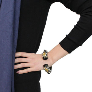 LO4299 - Gold+Hematite Brass Bangle with Synthetic Onyx in Jet