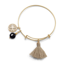 Load image into Gallery viewer, Gold Tone Expandable Tan Tassel and Black Onyx Charm Fashion Bangle Bracelet