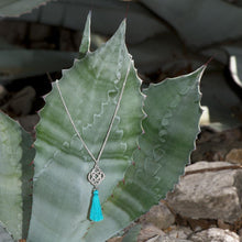 Load image into Gallery viewer, Silver Tone Celtic Charm and Aqua Tassel Necklace