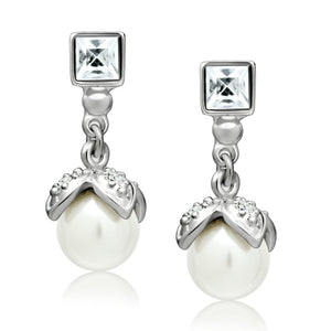 LO1973 - Rhodium White Metal Earrings with Synthetic Pearl in White