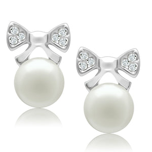 LO1980 - Rhodium White Metal Earrings with Synthetic Pearl in White