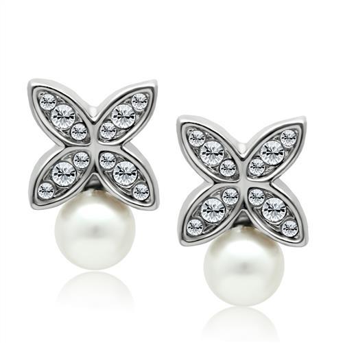 LO1987 - Rhodium White Metal Earrings with Synthetic Pearl in White