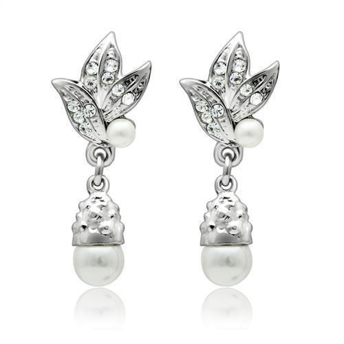 LO1992 - Rhodium White Metal Earrings with Synthetic Pearl in White