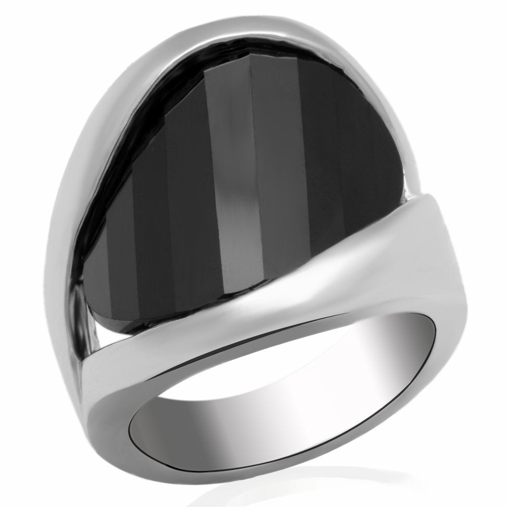LO2063 - Rhodium Brass Ring with AAA Grade CZ  in Jet