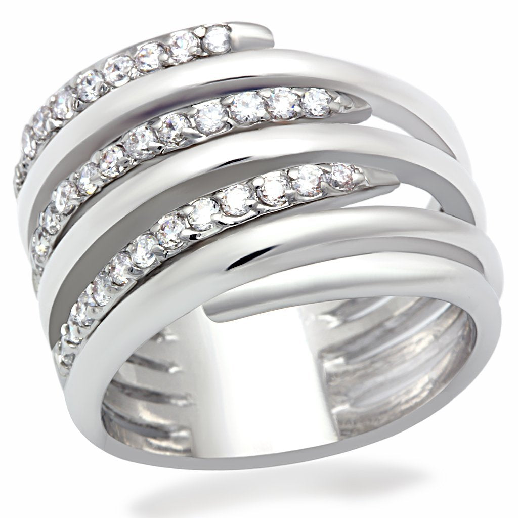 LO2075 - Rhodium Brass Ring with AAA Grade CZ  in Clear
