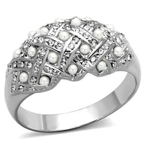 LO3183 - Rhodium Brass Ring with Synthetic Pearl in White