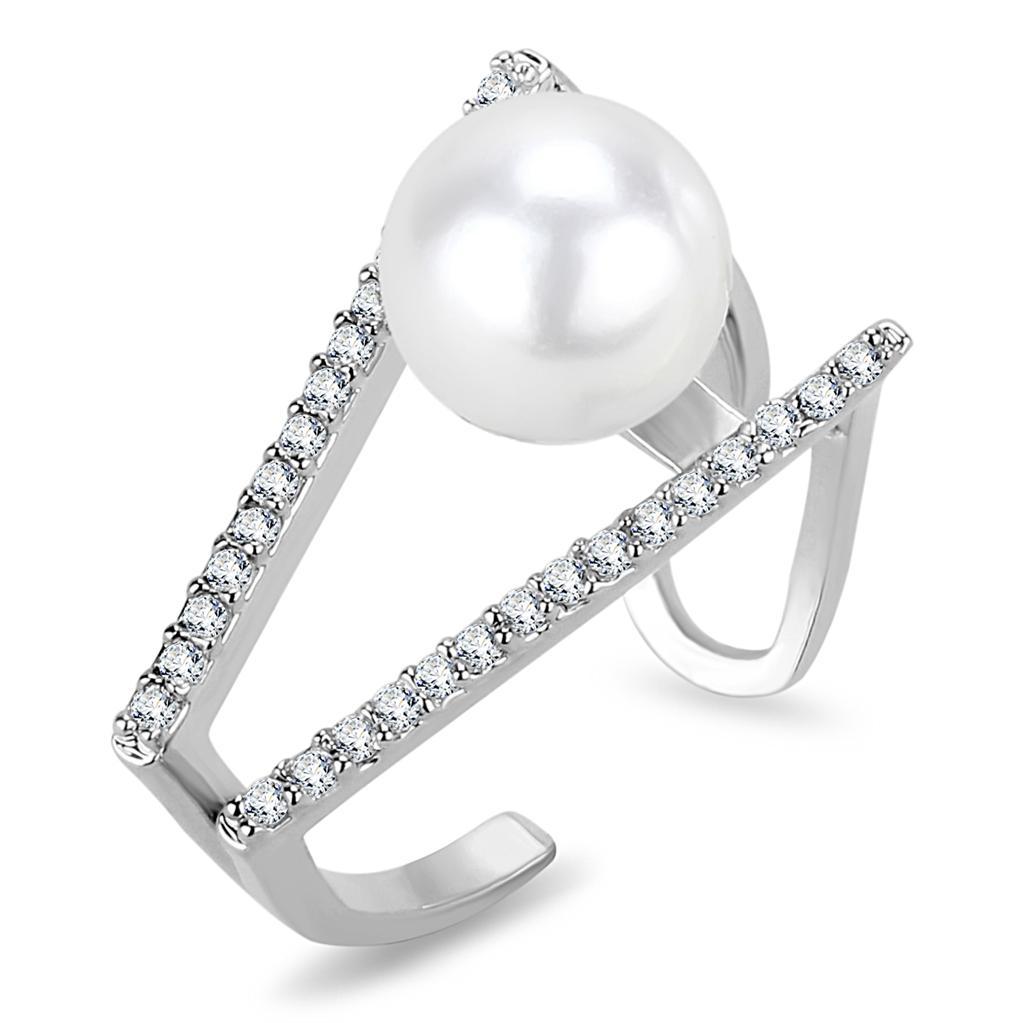 LO4245 - Rhodium Brass Ring with Synthetic Pearl in White