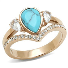 Load image into Gallery viewer, TK3200 - IP Rose Gold(Ion Plating) Stainless Steel Ring with Synthetic Turquoise in Sea Blue