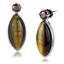 Load image into Gallery viewer, TK3488 - High polished (no plating) Stainless Steel Earrings with Semi-Precious Tiger Eye in Topaz