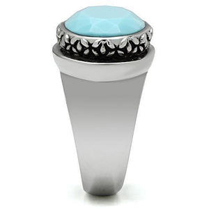 TK525 - High polished (no plating) Stainless Steel Ring with Synthetic Synthetic Glass in Sea Blue