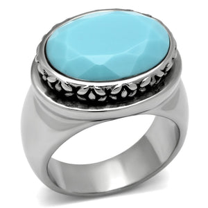 TK525 - High polished (no plating) Stainless Steel Ring with Synthetic Synthetic Glass in Sea Blue