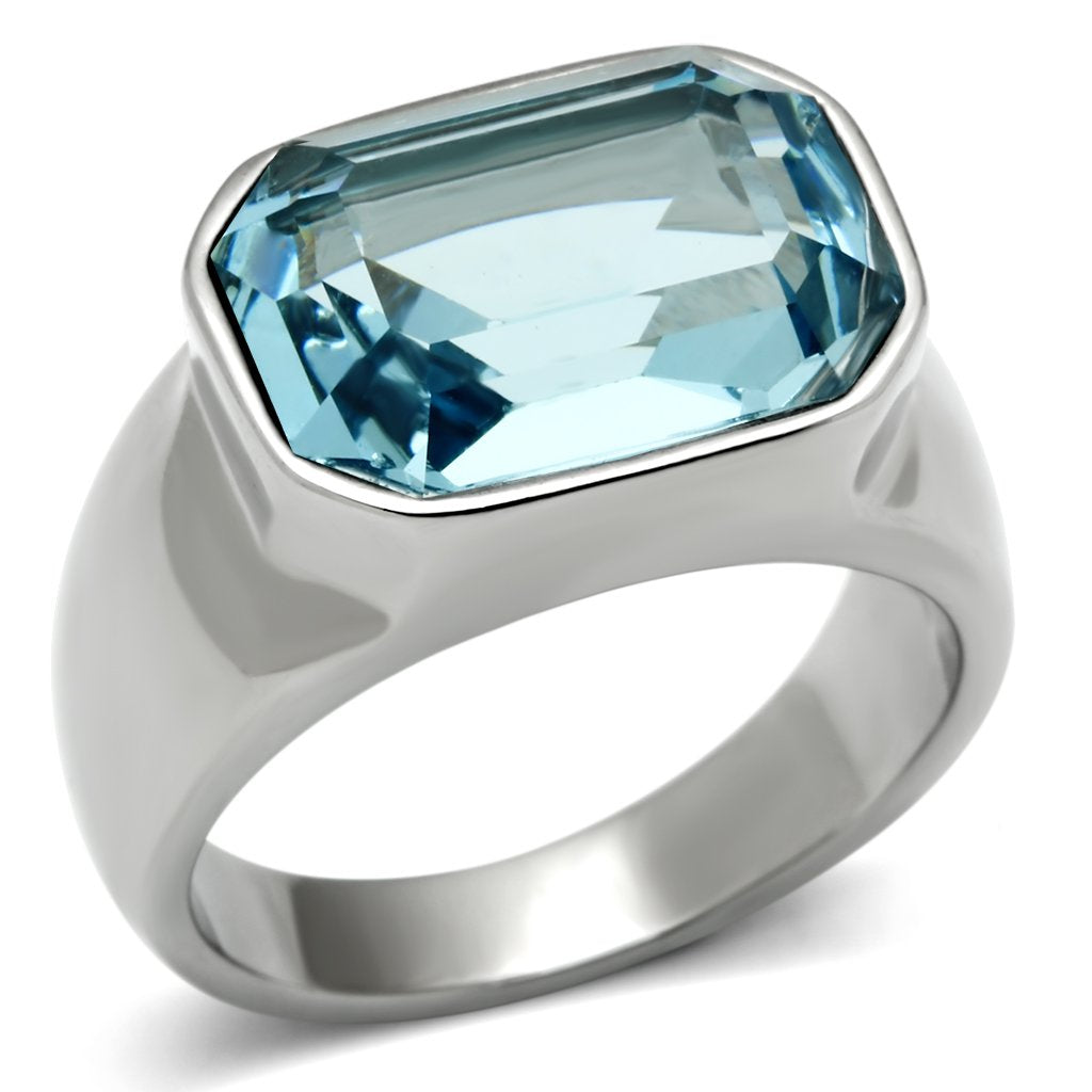 TK527 - High polished (no plating) Stainless Steel Ring with Top Grade Crystal  in Sea Blue