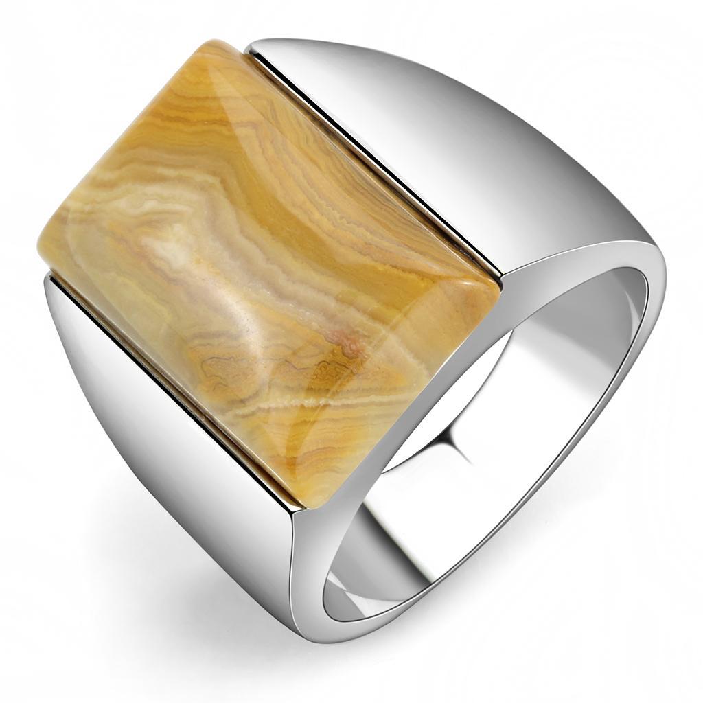 TK947 - High polished (no plating) Stainless Steel Ring with Semi-Precious Agate in Brown